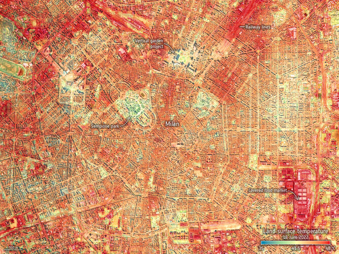 Land-surface temperature in Milan on 18 June 2022