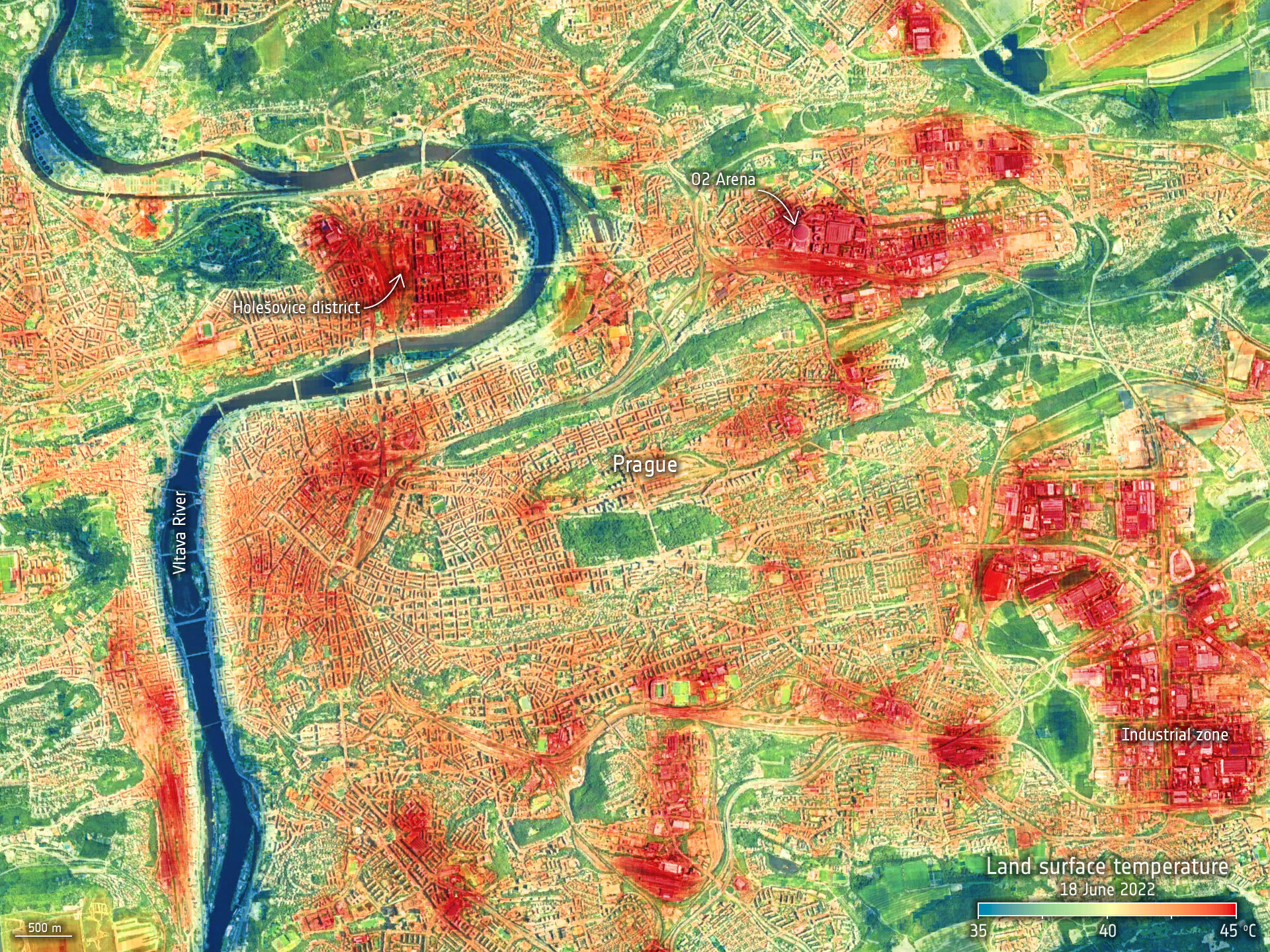 Land-surface temperature in Prague on 18 June 2022