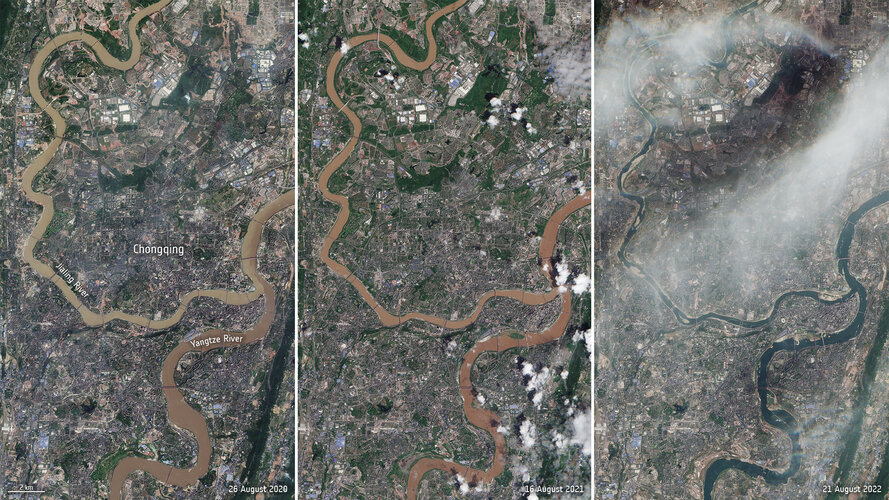 A record-breaking drought has caused parts of the Yangtze River to dry up – affecting hydropower, shipping routes and limiting drinking water supplies. Images captured by the Copernicus Sentinel-2 mission show a comparison of the Yangtze and Jialing rivers, near Chongqing, over the last three years.