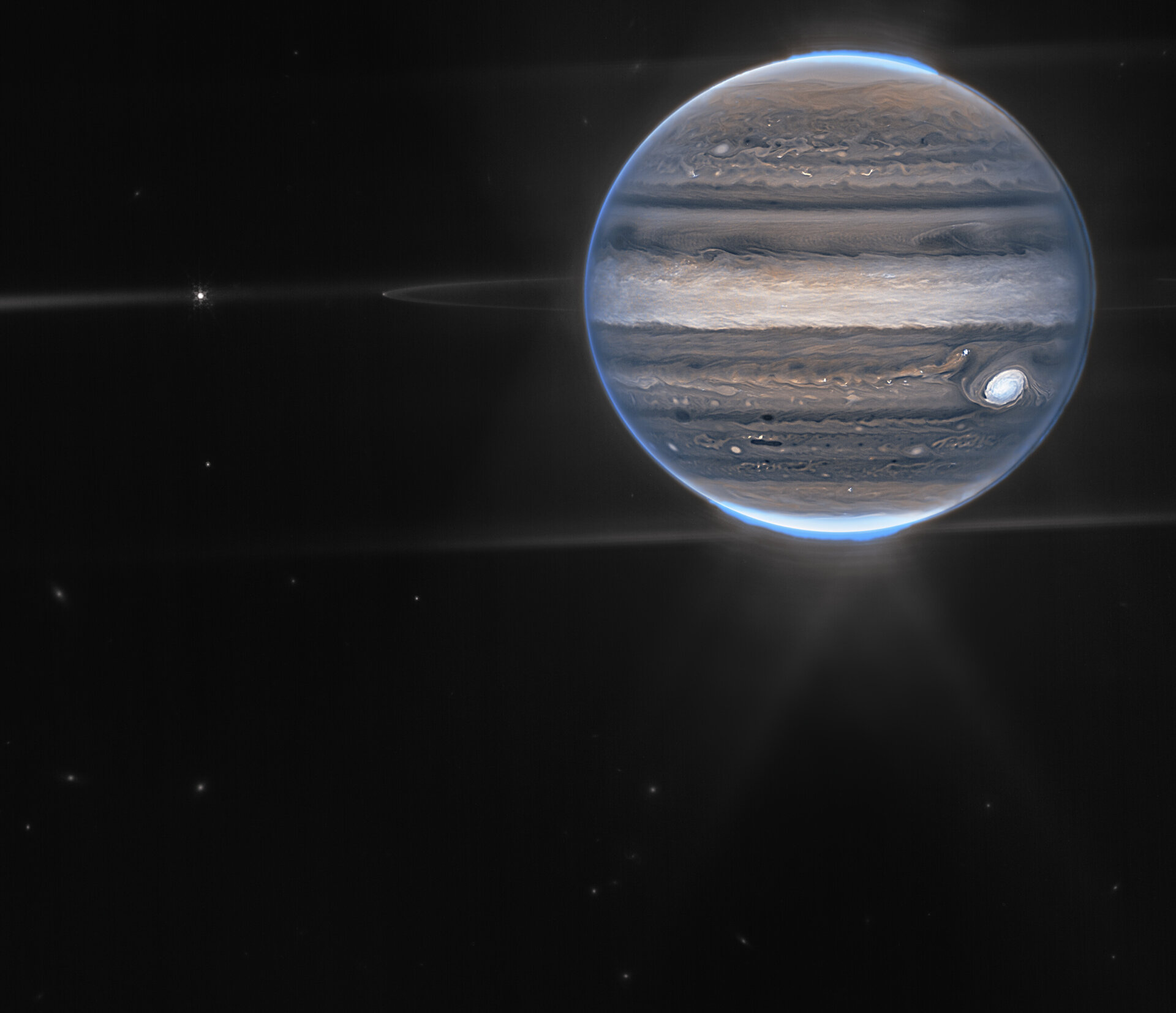 Jupiter showcases aurorae, hazes (NIRCam widefield view)