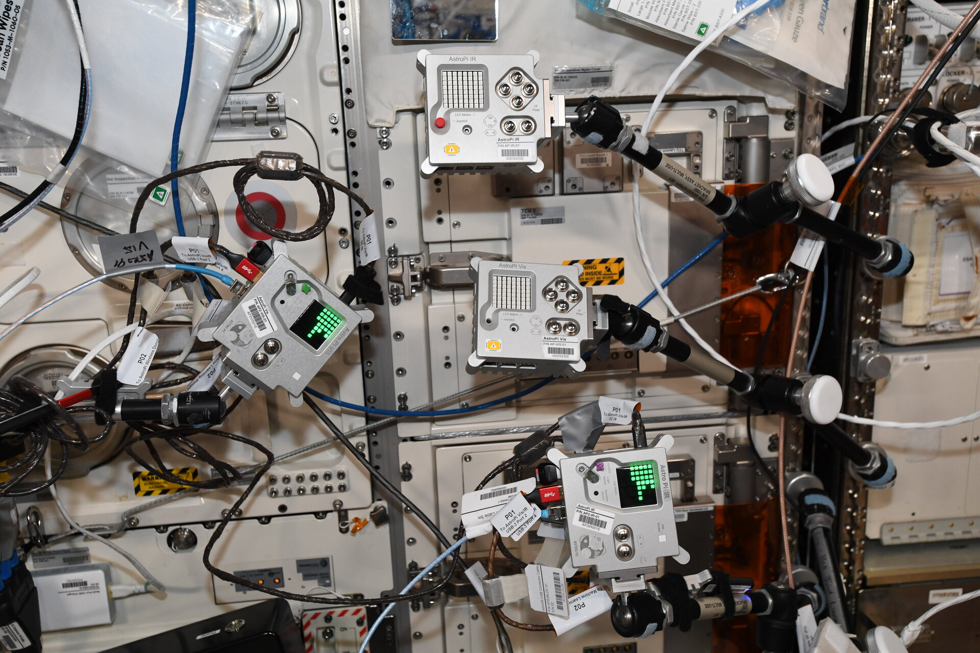 The two original Astro Pis with the new upgraded Astro Pis, together on the ISS