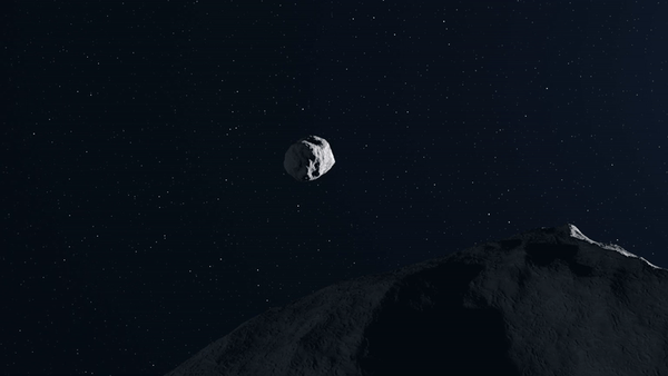 DART prallt auf dem Asteroidenmond Dimorphos auf, gesehen vom Zentralasteroiden Didymos