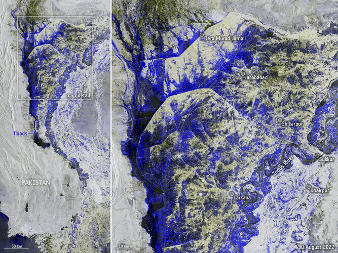 Captured from space by Copernicus Sentinel-1 on 30 August 2022, this image shows the extent of flooding that is currently devastating Pakistan. Heavy monsoon rainfall has led to more than a third of the country now being underwater.