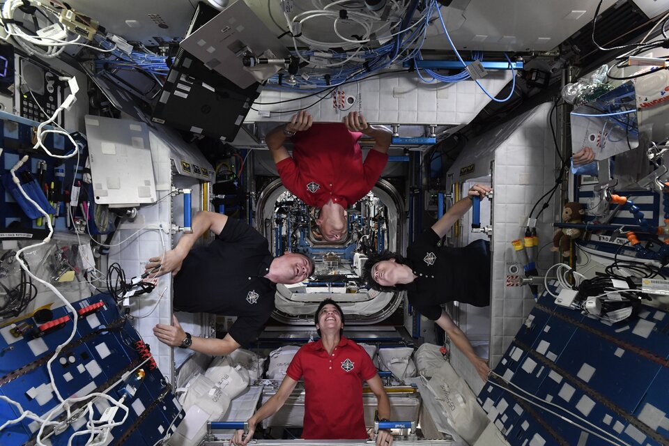 ESA Astronaut Samantha Cristoforetti onboard the ISS with her fellow astronauts