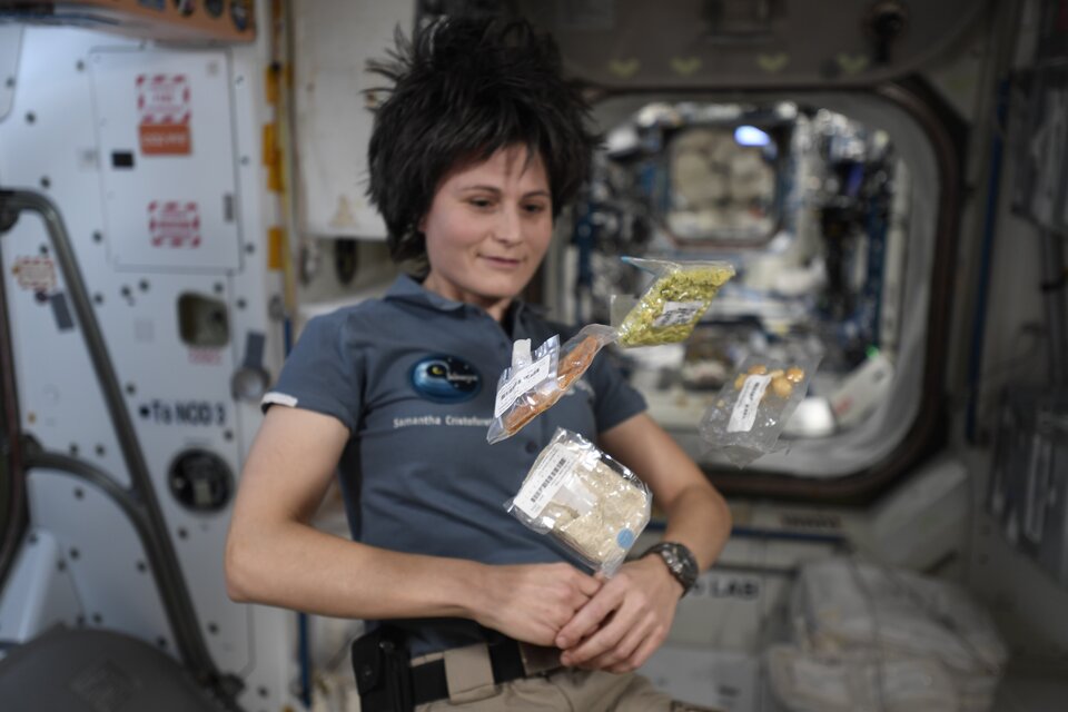 ESA Astronaut Samantha Cristoforetti onboard the ISS with her lunch