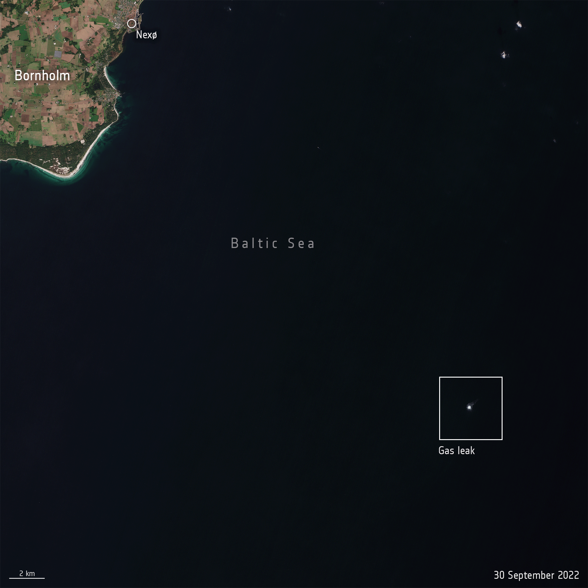 Únik plynu zachycený družicí Sentinel-2. Zdroj: ESA