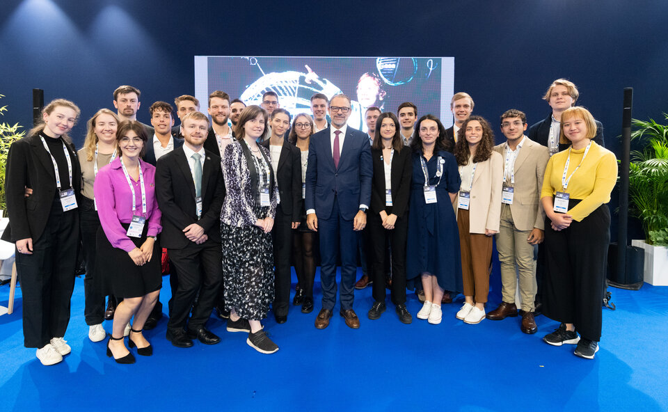 Group picture at 2022 IAC with students and ESA Director General, Josef Aschbacher