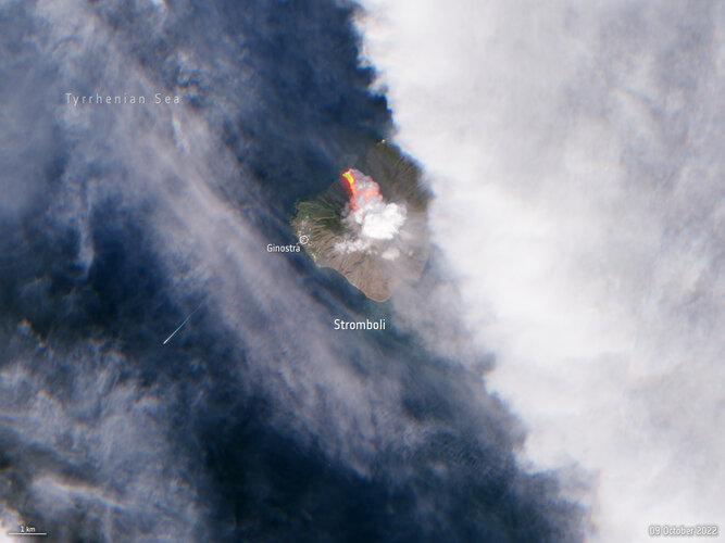 A volcano on the Italian island of Stromboli erupted early on Sunday morning, releasing huge plumes of smoke and a lava flow pouring into the sea. The Copernicus Sentinel-2 mission captured this image of the aftermath less than five hours after the eruption.