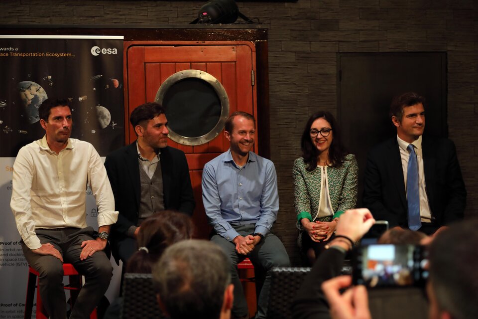 Representing the transportation study consortia leaders (l-r): Gautier Durand (Thales Alenia Space), Stefano Antonetti (D-Orbit), Jon Reijneveld (The Exploration Company), Inna Uwarowa (S.A.B. Aerospace), Andreas Stamminger (OHB System)