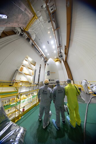 Ariane 5 rocket being prepared for roll out