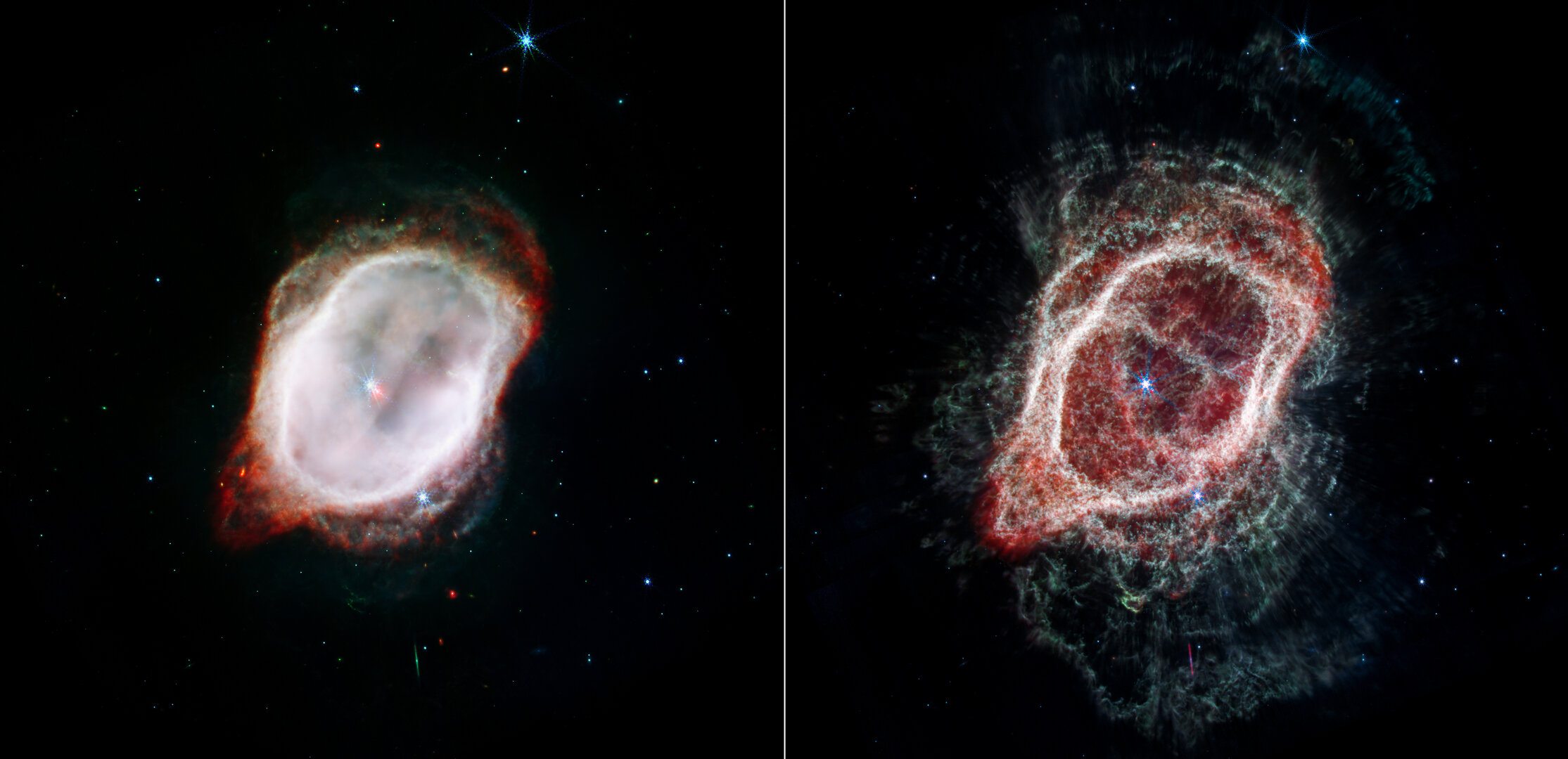 Two views of the gas in the Southern Ring Nebula (NIRCam and MIRI composite images)