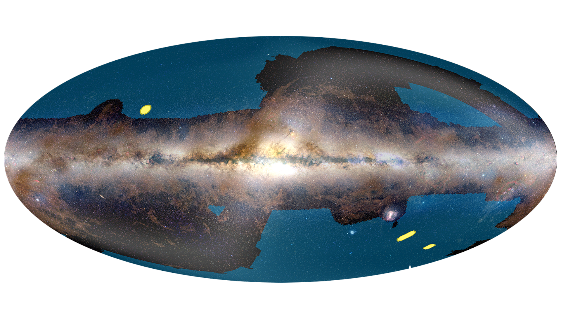 Grafico che mostra la posizione dei campi nel cielo che saranno coperti dal Wide Survey (blu) e dal Deep Survey (giallo) del telescopio Euclid. Credits: ESA/Euclid/Consorzio Euclid/NASA/Collaborazione Planck/A. Mellinger
