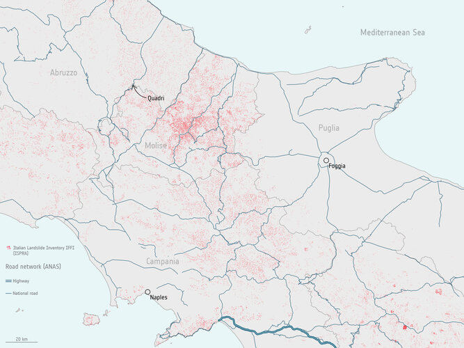 History of landslides and road network in southern Italy