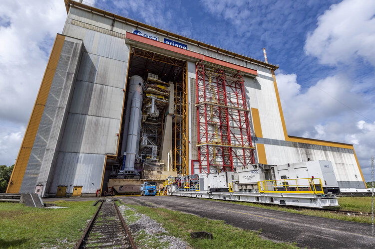 Ariane 5 rocket for the Juice launch being transferred to the final assembly building at Europe's Spaceport in French Guiana for payload integration and last preparation for flight VA260