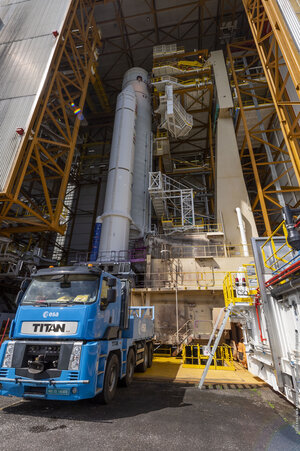 Ariane 5 rocket for the Juice launch being transferred to the final assembly building at Europe's Spaceport in French Guiana for payload integration and last preparation for flight VA260