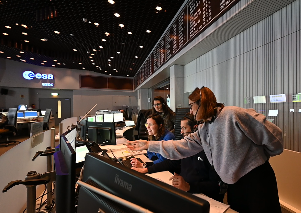 Engineers at ESA's mission control centre fly a 'fake' Juice, before the launch of the real thing