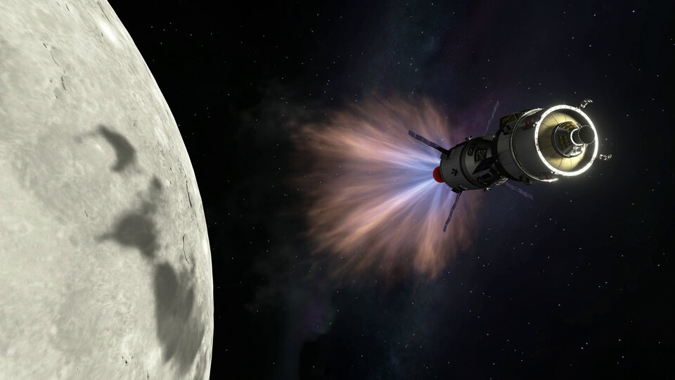 This screenshot shows a player’s spacecraft in flight. There is solid science behind the launch, orbits and steering of spacecraft in Kerbal Space Program 2.