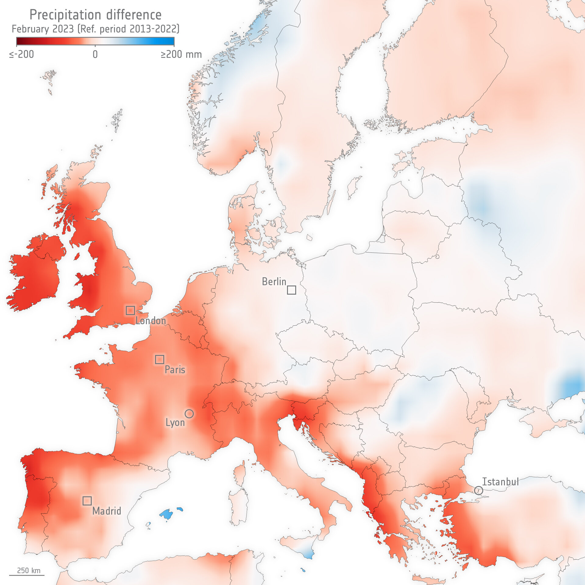 Precipitation February 2023 compared to 2013–2022 average