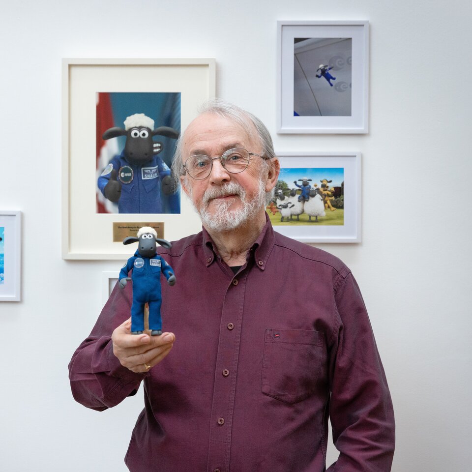 Shaun the Sheep at the unveiling of his commemorative portrait with Peter Lord, co-founder and Creative Director at Aardman.