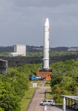 Ariane 5 solid fuel booster transfer to assembly building, Europe's Spaceport, for flight VA261