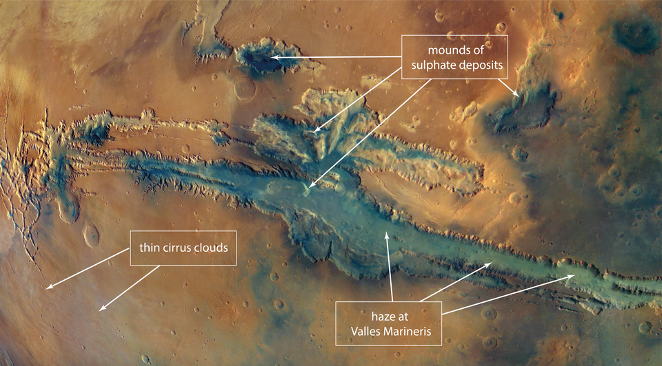 Primer plano de Valles Marineris del mosaico de color global de Marte (anotado)