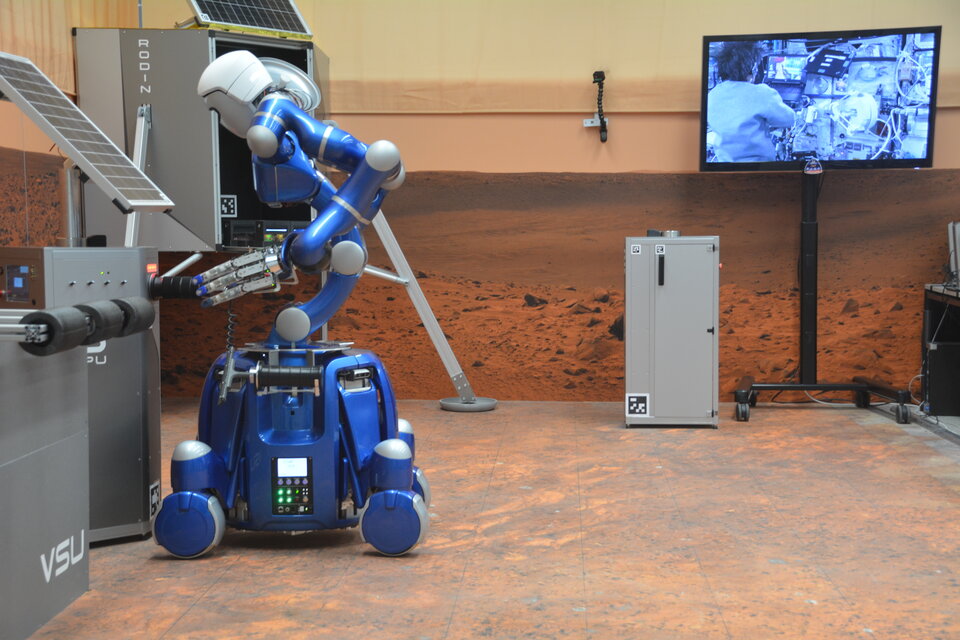 DLR's humanoid robot Rollin' Justin being operated by Samantha Cristoforetti from the International Space Station