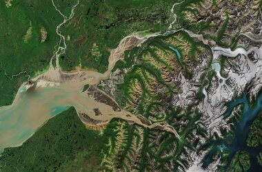 From the Chugach Mountains on the right to the Cook Inlet on the left, this Copernicus Sentinel-2 image features the varied landscape surrounding Anchorage, the largest and most populous city in the state of Alaska in the United States.