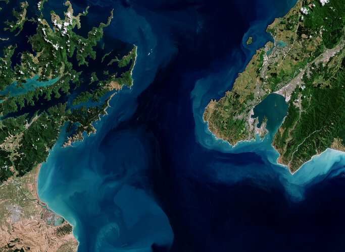 The Copernicus Sentinel-2 mission takes us over Cook Strait, which separates New Zealand's North and South Islands.