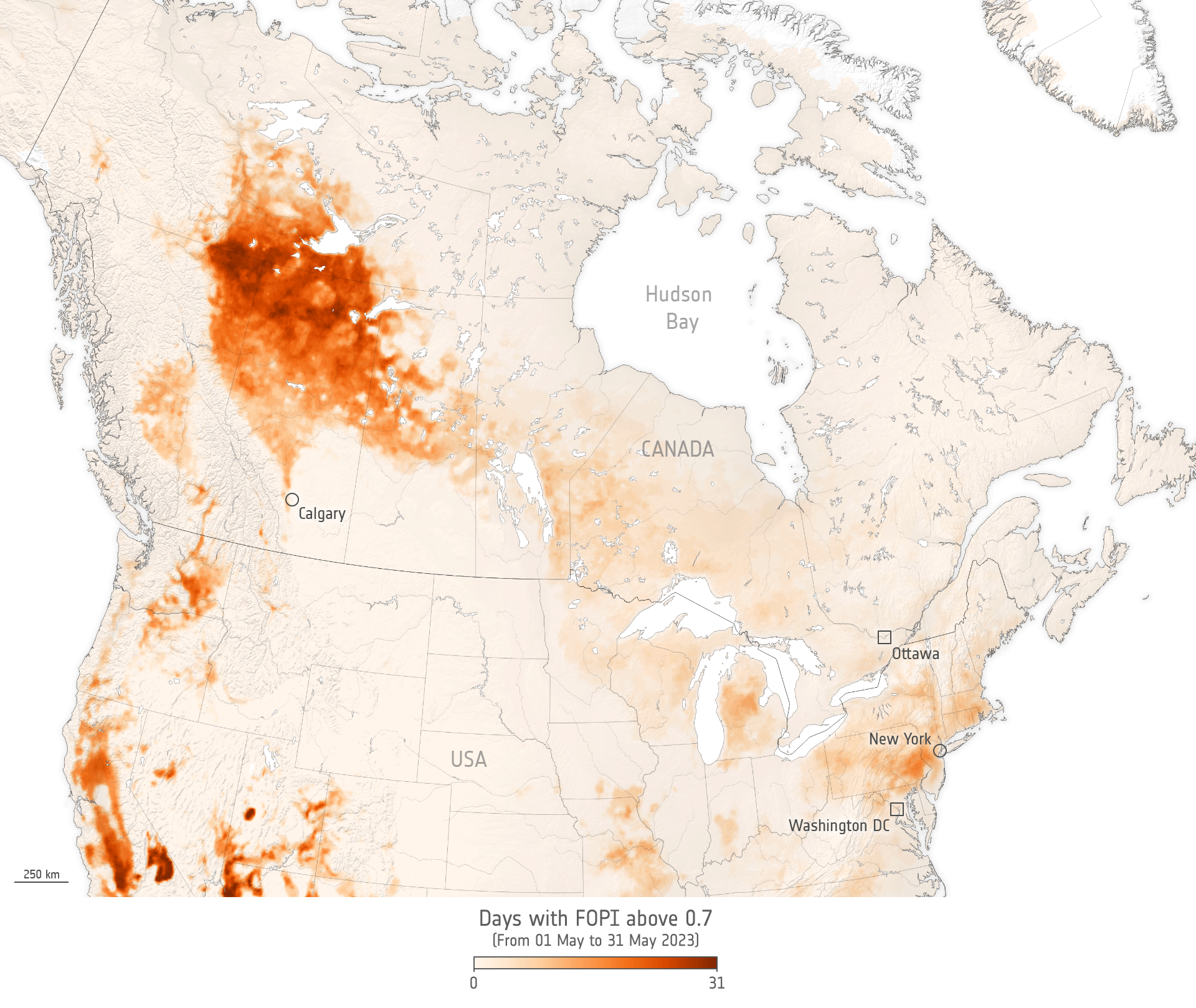 Fire probability over Canada and north USA for 1–31 May 2023