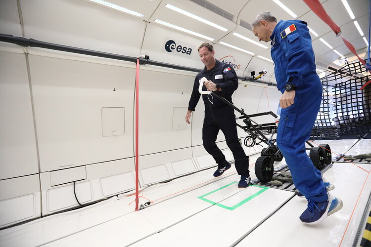 Testing the Lunar Equipment Support Assembly (LESA) investigation during a partial gravity parabolic flight.