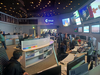 Participants running the real-life simulation in ESOC's Main Control Room 1