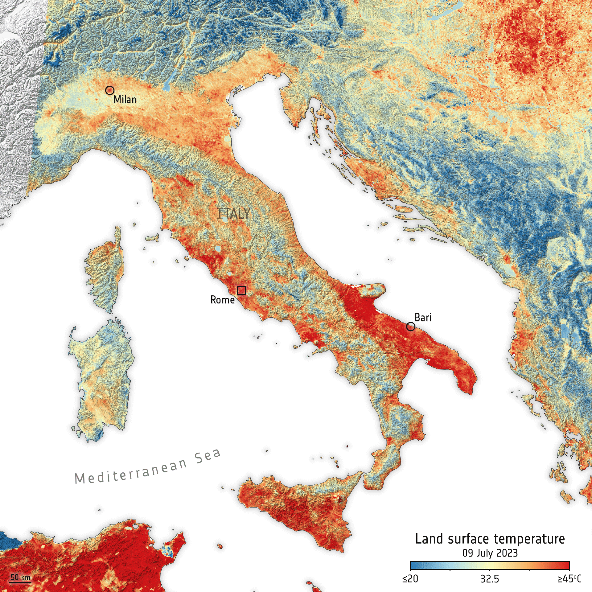 Land-surface temperature in Italy