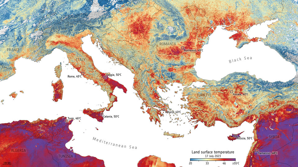 Temperature of the surface of the land 17 July 2023