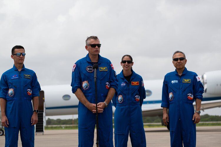 ESA astronaut Andreas Mogensen with his Crew-7 colleagues on arrival at NASA’s Kennedy Space Center in Florida, USA, 20 August. 