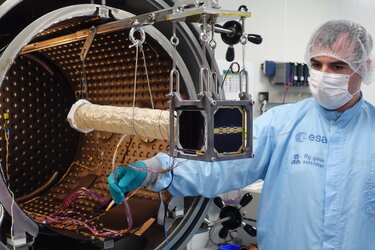 3Cat-4 team finalising their CubeSat Thermal Vacuum Test