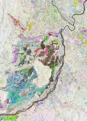 The heart of the Nueva Vizcaya Province on Luzon, the largest and most populated island of the Philippines, shows up brightly in this Copernicus Sentinel-2 false-colour image.