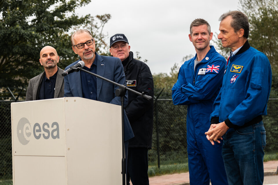 ESA Open Day 2023 at ESTEC - ESA Director General Josef Aschbacher with ESA Director of Technology, Engineering and Quality and Head of ESTEC Dietmar Pilz and ESA astronauts Pedro Duque, André Kuipers and John McFall.