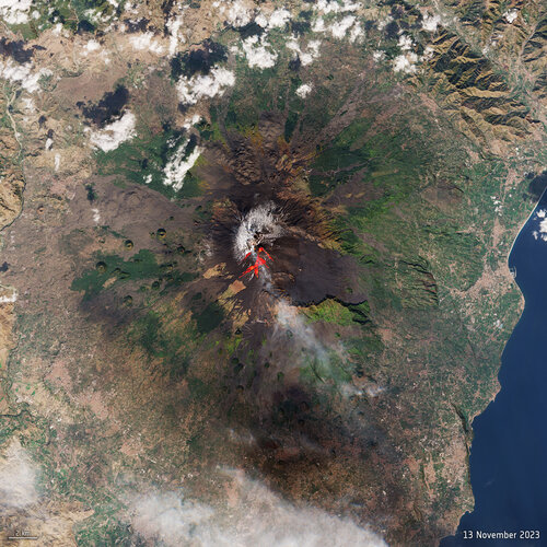 One of the world’s most active volcanoes, Mount Etna, erupted on Sunday – spewing lava and clouds of ash high over the Mediterranean island of Sicily. This image, captured on 13 November by the Copernicus Sentinel-2 mission, has been processed using the mission’s shortwave-infrared bands to show the lava flow at the time of acquisition.