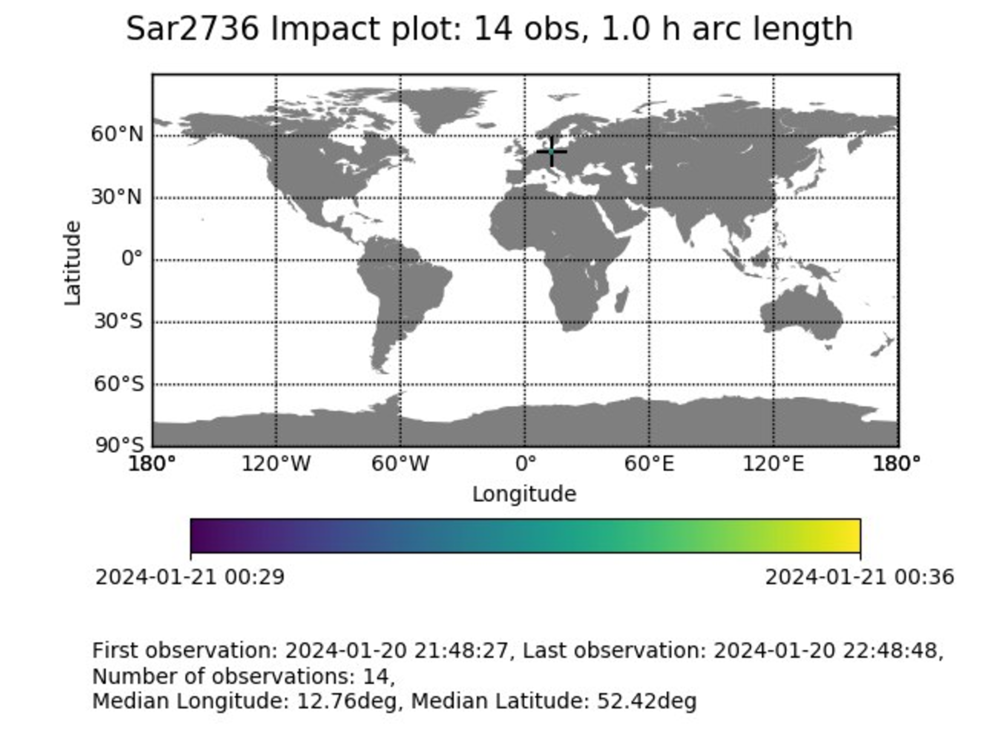 Luogo e ora dell'impatto previsti calcolati dal sistema di allarme dell'imminente impatto Meerkat dell'ESA, in seguito alle prime 14 osservazioni dell'oggetto Sar2736 (in seguito designato asteroide 2024 BX1). Credits: ESA