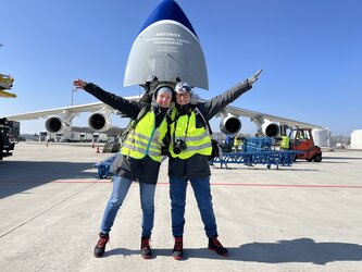 Enjoying moment EarthCARE is loaded onto the aircraft for its flight to the US. 