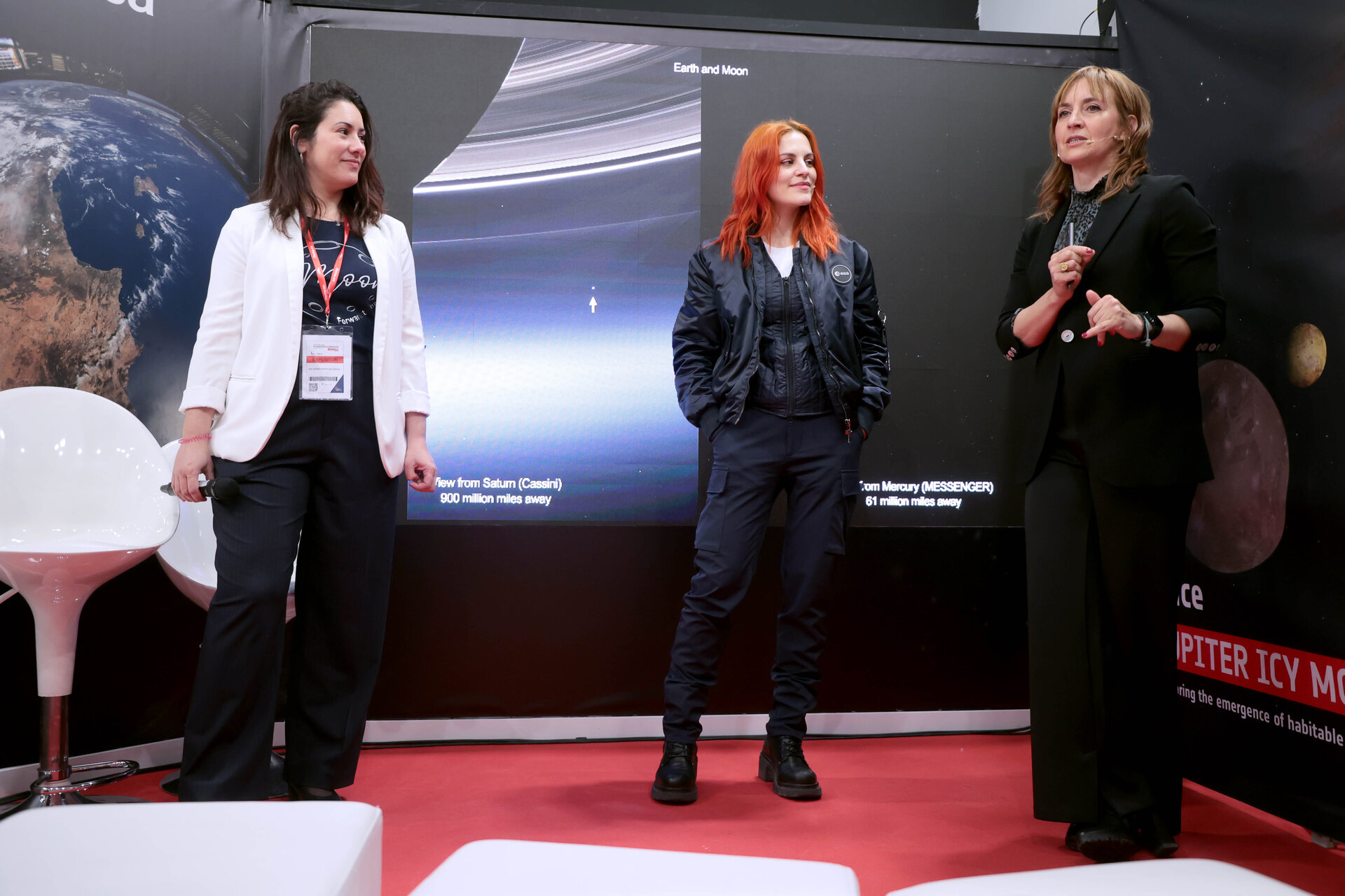 The event continued with a talk focused on empowering women in the fields of space and science.  From left to right:Sandra Benitez Herrera, Education Scientist and Communication Officer at ESA-ESAC; Sara Garcia, ESA Reserve Astronaut; Eva Villaver, Director of the Space and Society Office at AEE.