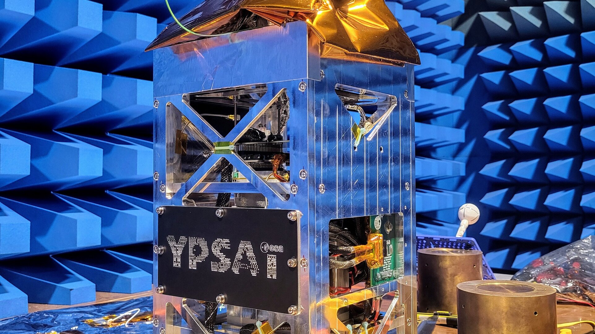 YPSat assembly during EMC testing, including OSCAR-QUBE+ and on the right GENESIS-A