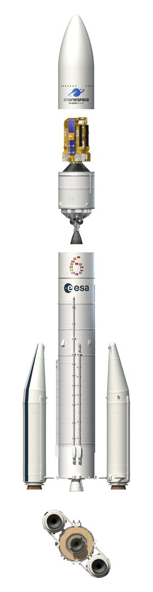 Artist's view of the Ariane 6 components and payload with two boosters – white background