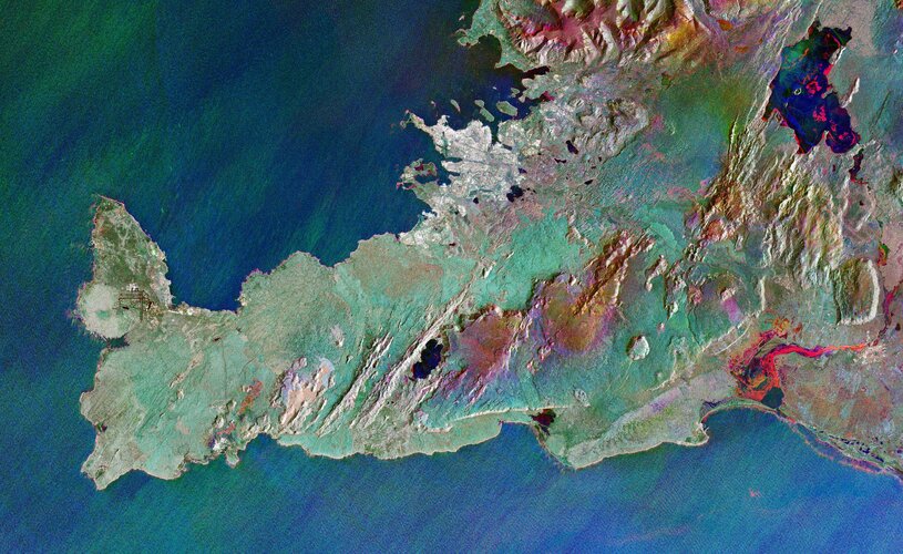 Iceland's Reykjanes Peninsula is featured in this colourful radar image captured by Copernicus Sentinel-1. 