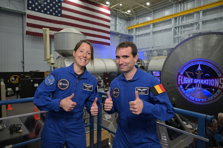 ESA astronauts Sophie Adenot and Raphaël Liégeois after the announcement of their first mission assignments at NASA's JSC in Houston, Texas.