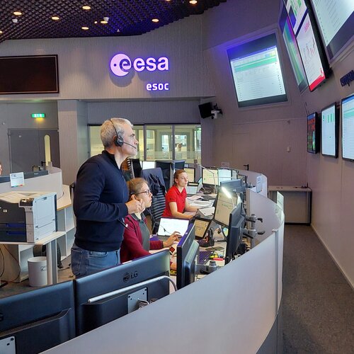Members of the EarthCARE Flight Control Team during launch preparations