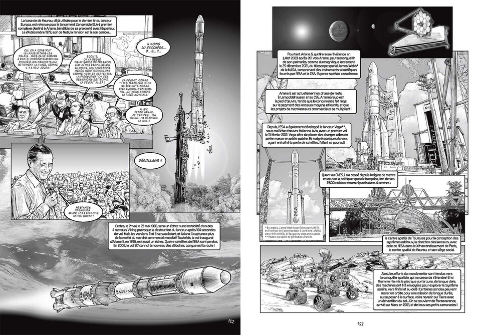 Des illustrations époustouflantes aident à raconter l’histoire complète de l’espace, y compris de nombreuses réalisations marquantes de l’ESA.