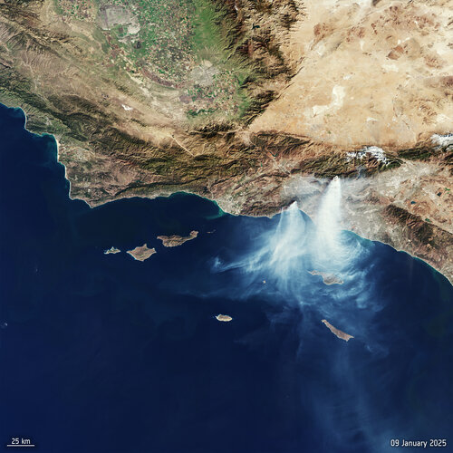 Five wildfires are still currently burning (as of 10 January) in areas of north Los Angeles. This image, captured by the Copernicus Sentinel-3 mission on 9 January 2025, shows the Palisades and the Eaton fires, with smoke seen reaching Catalina Island and the Santa Barbara reserve.