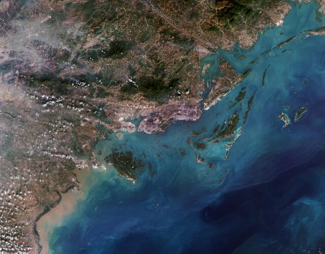 This Copernicus Sentinel-2 image showcases striking rocky formations amid the blue waters of Halong Bay in northeast Vietnam.