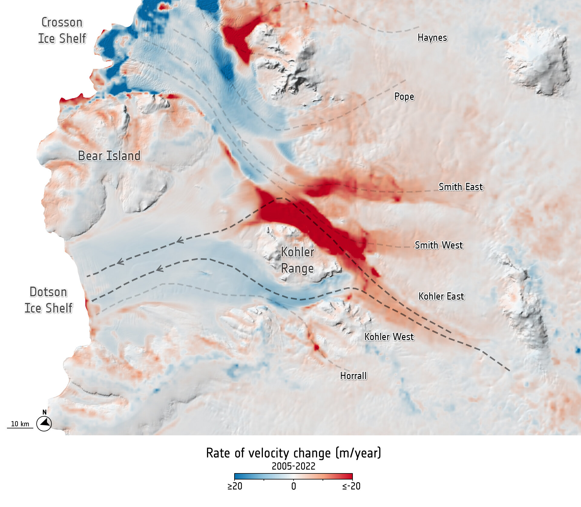 Glacier velocity change 2005–2022